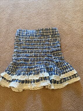 English Factory Blue and White Plaid Smocked Mini Skirt with Lace Ruffle